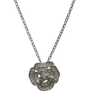 Silver Titanium Flower Camellia Pave C. Zirconia Pendant Chain Necklace